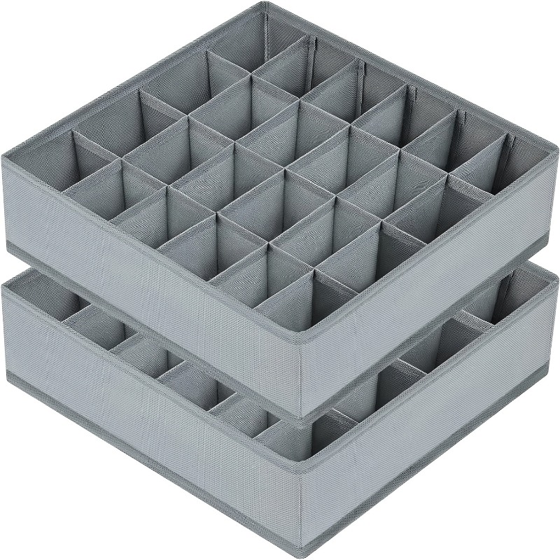 Sock Organizer Tray - 2個セット 24区画 布製靴下＆下着オーガナイザー - 丈夫なジッパー付き、折りたたみ式クローゼット収納ボックス（靴下、下着用）