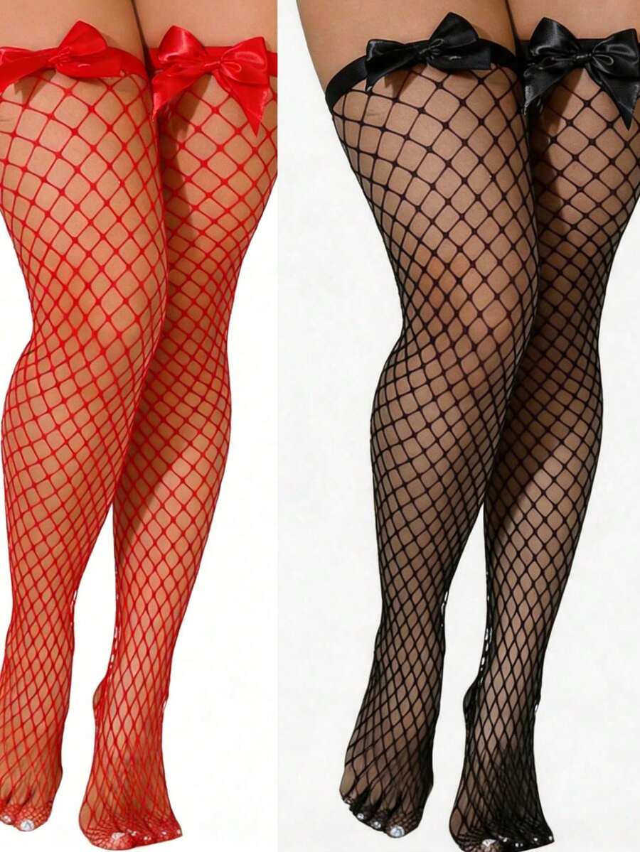 ボウデコレーションフィッシュネット太もも丈ストッキング、伸縮 - Knee High Sock Women のレビューと価格