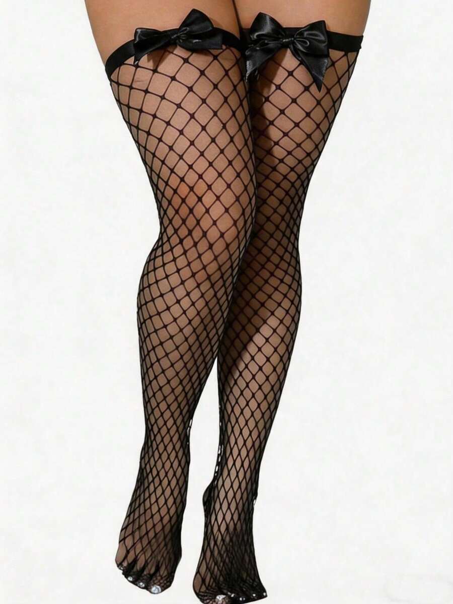 ボウデコレーションフィッシュネット太もも丈ストッキング、伸縮 - Knee High Sock Women のレビューと価格